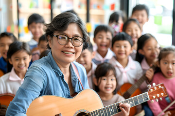 Asian female music teacher plays acoustic guitar in school class. School, education concept.