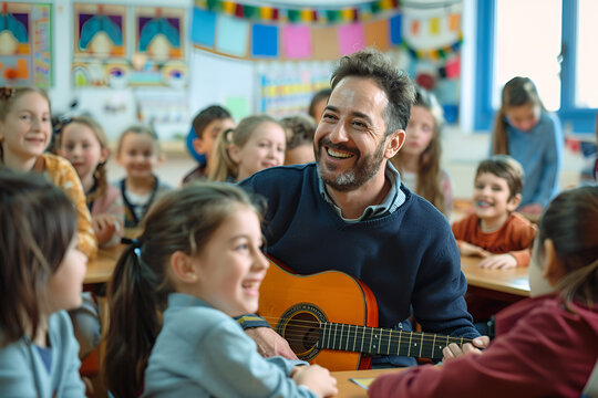 A male music teacher plays the guitar in a school class surrounded by happy children. School, education concept.