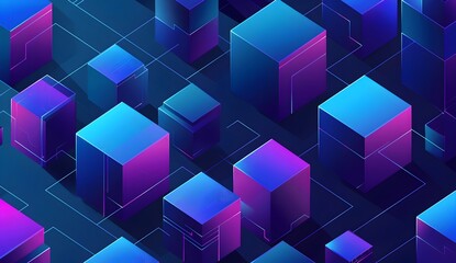 Abstract vector background with blue and purple gradient lines forming an isometric pattern of cubes on a dark navy blue background, representing technology or digital flow in the style of cyber