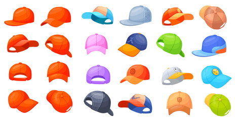 Cartoon baseball caps. Summer cappella hats, skater rap snapback athlete sport uniform trucker promotional hat back front view children color beach cap, neat vector illustration © ssstocker