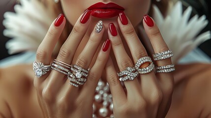 Beautiful woman with multiple arms coming out of her torso, perfectly manicured red nails, her multiple identical hands wearing diamond rings, jewelry advertisement. Generative AI.