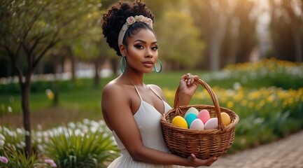 Beautiful attractive black woman model holding a basket of Easter eggs in a charming outdoor setting