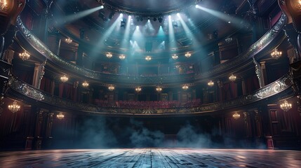 elegance historical theater stage show with smoke and spotlights shine on floor in dark room, idea for background backdrop, Generative Ai	
