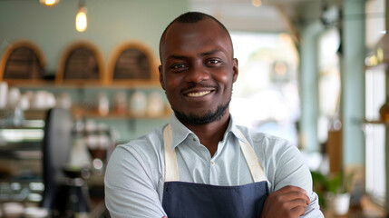 Obraz premium African American barista adult man wearing uniform smiling and looking at camera in cozy coffee shop. Small business concept.