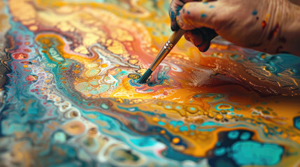 An artists hand using a paintbrush to create a vibrant, colorful abstract painting with swirling patterns and textures.