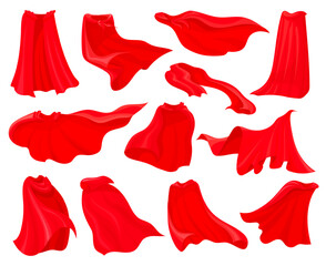 Cartoon red cloaks. Superhero fly capes, magic hero cloak super man robe flying fabric silk flowing wind scarf clothing shawl comic character cape costume, neat vector illustration