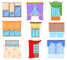 Cartoon curtains types. Hanging curtain on windows, hang fabric or closed roller blinds for luxury hotel room office home kitchen window decor interior, neat vector illustration © ssstocker