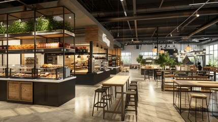 Supermarket evolving into a community hub, offering coworking spaces and social areas, bright and inviting design, modern and functional  