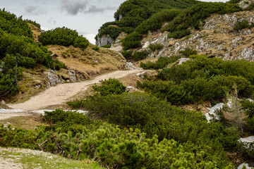 The view depicts a mountain towering over a valley, with lush greenery contrasting the rugged...