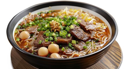A bowl of clear soup rice noodles, exuding a rich aroma, with its bone broth soup and tantalizing flavor, clear soup, top with pieces Braised beef slices. Generative AI.