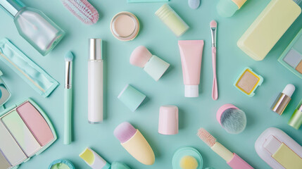 Assorted cosmetic beauty tools and products in pastel colors neatly arranged on a light teal background for makeup and skincare.