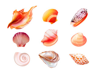 Realistic seashells. 3d shells sea object isolated seashell exotic aquatic animal conch oyster mollusk snail pearl unusual scallop summer beach element