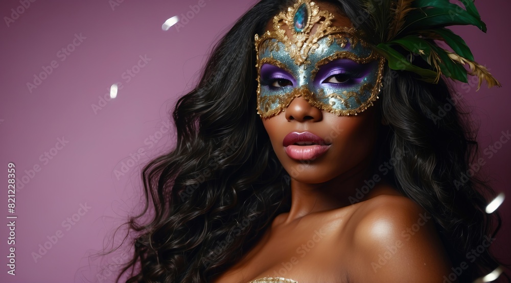 Wall mural Beautiful attractive black woman model in a carnival mask