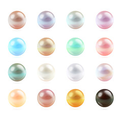 Realistic color pearls. 3d pearl silver gold white nacre ball, gemstone beautiful necklace beads multicolor orb gems jewelry accessories from sea shell, exact vector illustration
