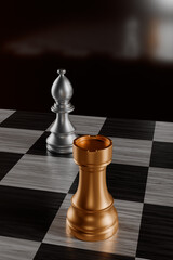 A bronze rook and silver bishop on a chessboard.3d rendering © Olga