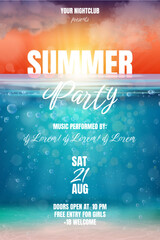 Realistic underwater poster. Pool summer beach party invite flyer, sea lake nature under water horizon background, diving club banner ocean wave event, exact vector illustration