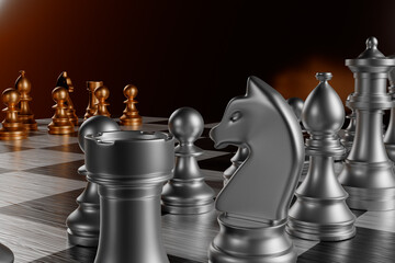 Chess silver and bronze pieces on a board. Closeup 3d rendering