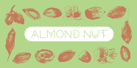 Nut border with almonds illustrations for banner background, packaging, marzipan paste label, poster designs. Vector almond drawings in hand-drawn style. Almonds wreath or border. Chocolate with nuts.