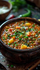 Delicious stewed beans with a variety of vegetables and herbs look extremely attractive