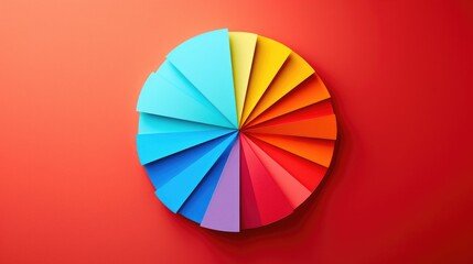 Obraz premium A colorful paper pie chart with a rainbow of colors. The pie chart is made up of different colored pieces of paper on red-orange color background, Concept of Management in Business.