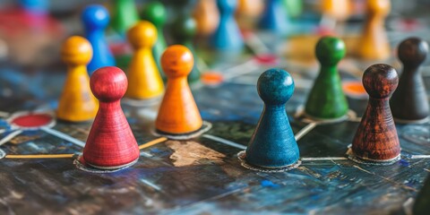 A vibrant image highlighting several board game pieces placed on a worn map, suggesting strategic thinking or travel planning