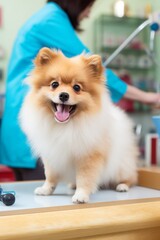 Pomeranian dog being examined by a veterinarian on the table, vertical photo. Pet care, veterinary clinic, health check-up, animal wellness, medical examination