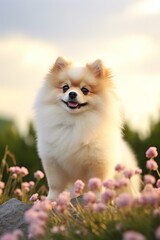 Adorable Pomeranian dog in a garden with flowers, vertical photo Cute pets, outdoor scene, springtime, furry friends, natural setting, defocus