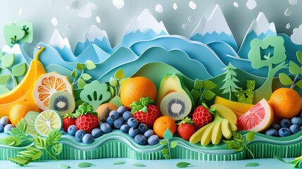 Colorful assortment of fruits and vegetables are arranged in a mountain landscape background. Concept of freshness and abundance, as well as a connection to nature. Freshness of fruits