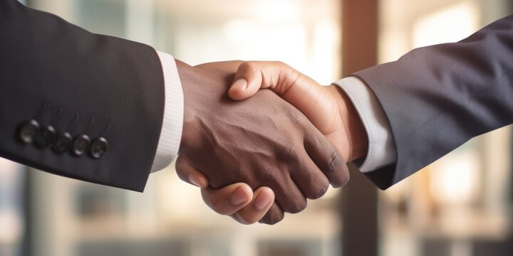 Two businessmen shaking hands, symbolizing a successful agreement or partnership, one African man and one European man in formal suits, close-up view, blurred office background, horizontal image. 