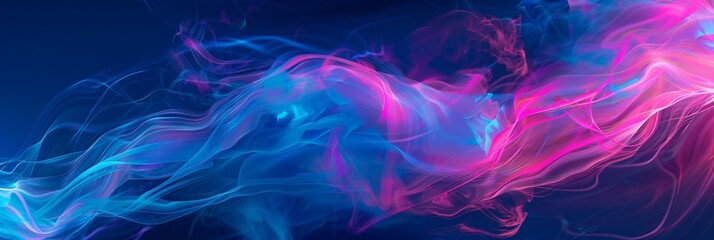 Abstract colorful wave illustration with flowing pink, blue, and orange ribbons on a dark blue background, horizontal image with vibrant and dynamic elements