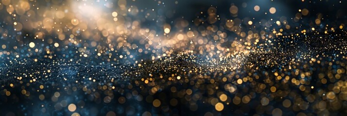 Festive abstract background with golden bokeh lights and glitter, dark backdrop with bright,...