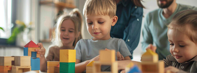 Children and an adult engaging in creative play, building with wooden blocks, focused and enjoying educational activity together.