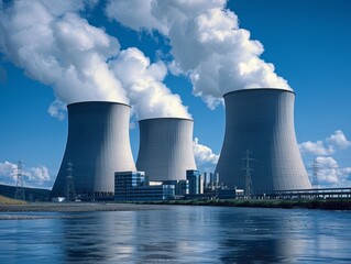 Giant industrial chimneys release exhaust gases into the atmosphere, environmental pollution, greenhouse effect, CO2 emissions, carbon footprint