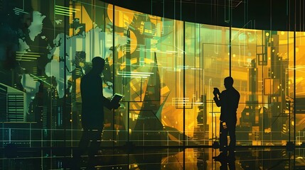 Illuminated Cityscape at Nightfall Silhouetted Skyscrapers and Reflective Windows Showcase the Dynamic Urban Landscape