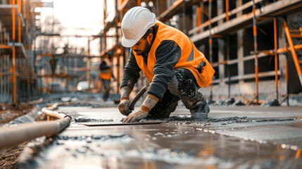 Construction worker in orange vest smoothing wet concrete at a building site with a trowel, wearing a white safety helmet.