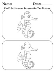 Seahorse Puzzle. Printable Activity Page for Kids. Educational Resources for School for Kids. Kids Activity Worksheet. Find Differences Between 2 Shapes