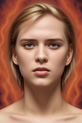 Obraz premium Flame-Eyed Mystery: Enigmatic Gaze of a Blonde Against the Fire