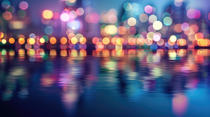 City skyline at night reflected on water surface with vibrant lights and a bokeh effect, creating a shimmering, colorful scene.