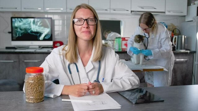 Pretty vet doctor looking at camera, advises and writes checks to the pet owner  while sitting at table against backdrop of an assistant listening to lungs of a domestic cat.