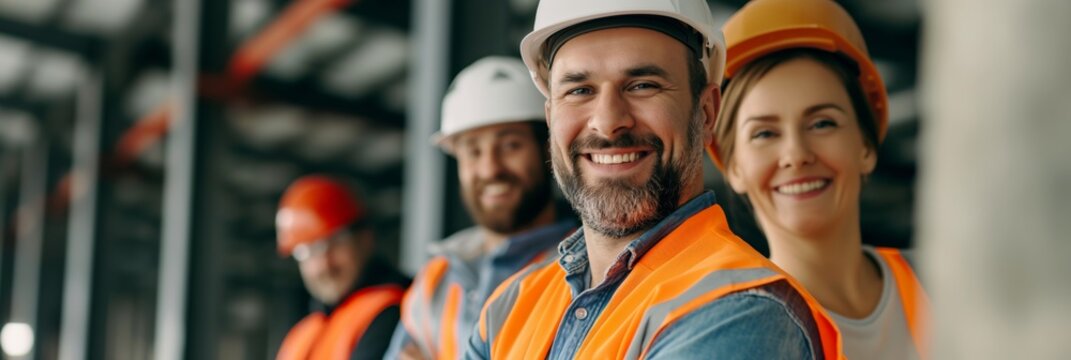 Diverse and cheerful construction workers posing together on a building site, exuding teamwork