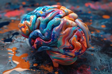 Obraz premium Explore the depths of emotional intelligence with a futuristic touch, depicting a colorful clay sculpture of a brain at an unexpected high angle, symbolizing complex psychological concepts