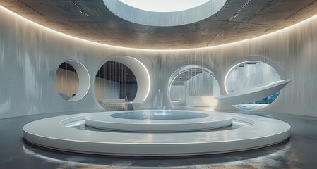 A circular three-dimensional urban installation in the space, with an architectural model on the wall. Generative AI.