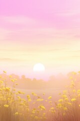 Sunrise over a field of yellow flowers. The illustration captures a serene scene with the sun rising against a gradient sky of pink and yellow hues. Vertical foto, soft focus 