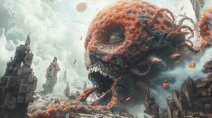 Traditional Art Medium portraying a Bio-Mechanical Monster emerging from Virtual Reality, capturing the tension with a Dramatic Tilted Perspective