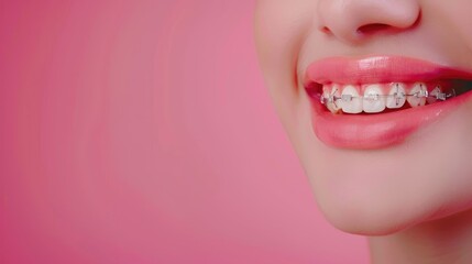 Charming Woman Smiling with Braces: Bright White Teeth and Vibrant Pink Lips in a Cheerful Dental Health Portrait