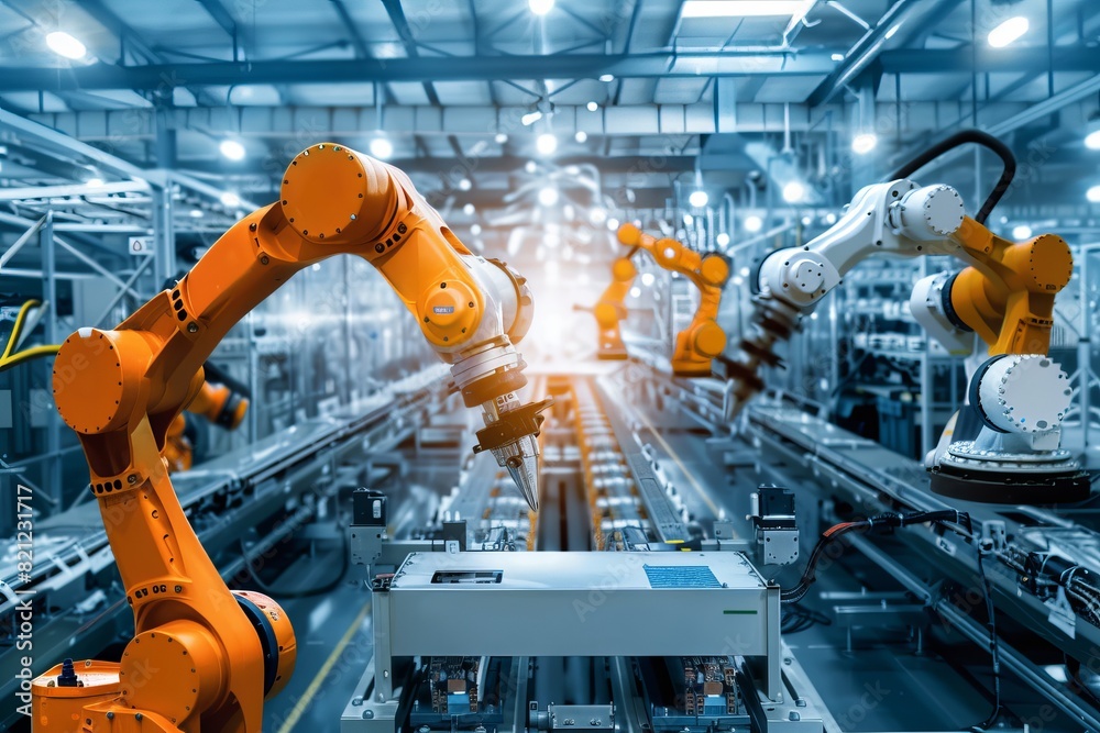 Wall mural collaborative robots working on an assembly line