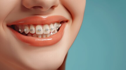 Obraz premium Charming Woman Smiling with Braces: Bright White Teeth and Vibrant Pink Lips in a Cheerful Dental Health Portrait
