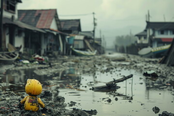 The consequences of the flood. A toy against the background of debris and destruction due to the elements