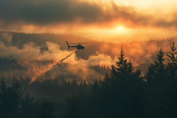 Fototapeta premium Extinguishing a natural fire in the forest using a firefighting helicopter