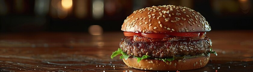A detailed close-up of a beef burger, focusing on the textures of the bun and the patty, set...